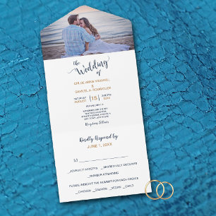 Minimalist Blue Gold Photo All in One Wedding Invitation
