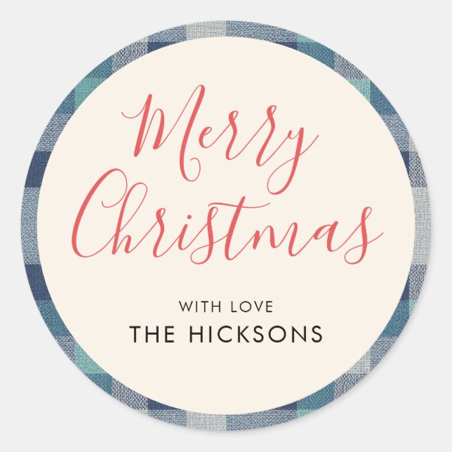 Minimalist Blue Gray Plaid Merry Christmas  Classic Round Sticker (Front)