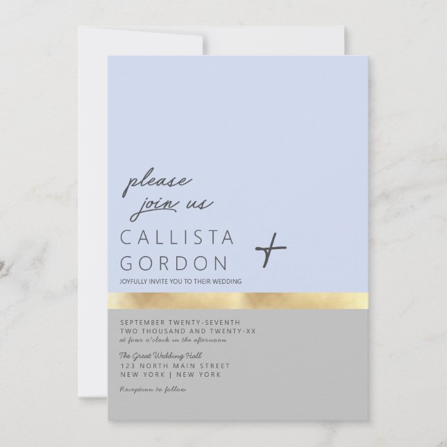 Minimalist Blue Grey Gold Colour Block Wedding Invitation (Front)