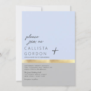 Minimalist Blue Grey Gold Colour Block Wedding Invitation