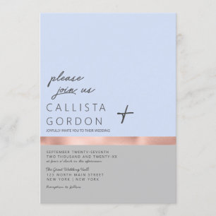 Minimalist Blue Grey Rose Gold Colour Block Weddin Invitation