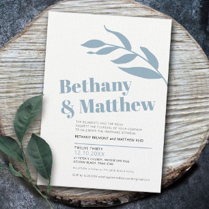 Minimalist blue grey white olive leaves wedding invitation