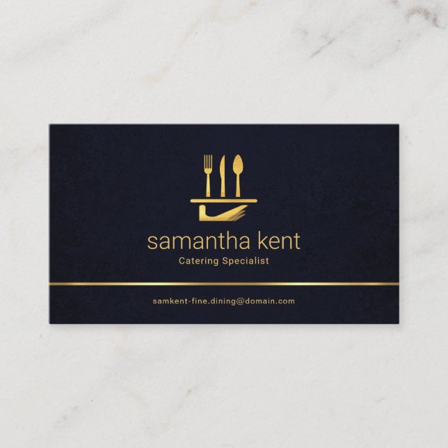 Minimalist Blue Grunge Texture Gold Line, Food Business Card (Front)