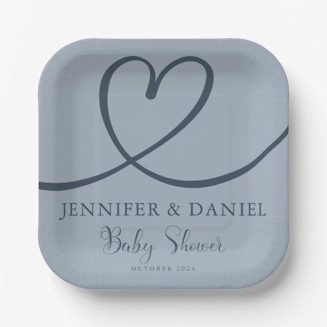 Minimalist Blue Heart Handwritten Elegant  Paper Plate (Front)