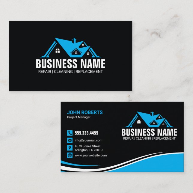 Minimalist Blue House Roofing Contractor Business Card (Front/Back)