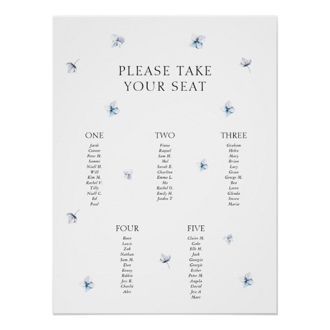 Minimalist Blue Hydrangea Table Plan Poster (Front)
