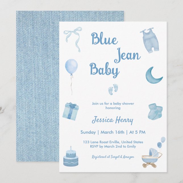 Minimalist Blue Jean Baby Denim Baby Shower Invitation (Front/Back)