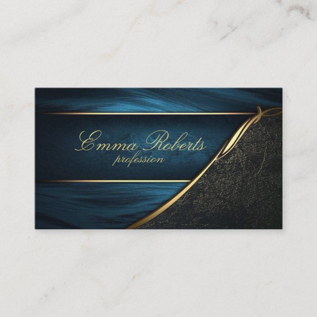 Minimalist blue marble gold signature script business card (Front)