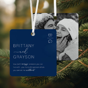 Minimalist Blue Married Photo Christmas Metal Tree Decoration