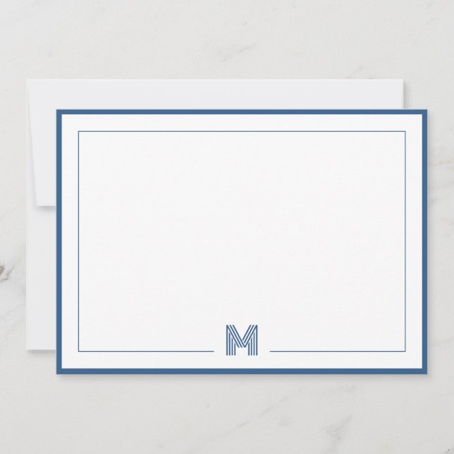 Minimalist Blue Monogram Double Border Stationery Card (Front)