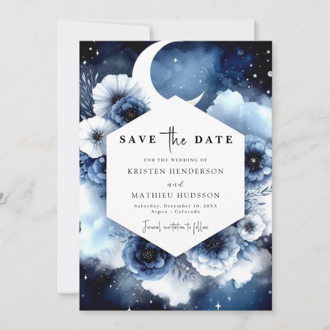 Minimalist Blue Moonlit Wedding Save The Date (Front)