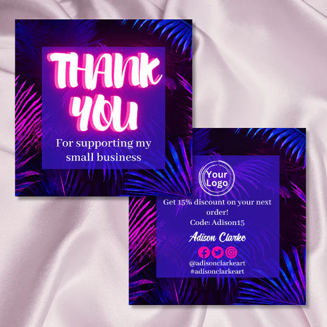 Minimalist Blue Neon Custom Logo Thank You Square Business Card | Zazzle