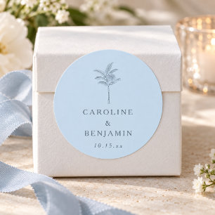 Minimalist Blue Palm Tree Line Art Custom Wedding Classic Round Sticker