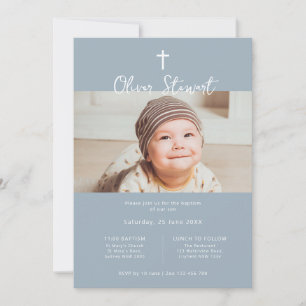 Minimalist blue photo baptism christening invitation