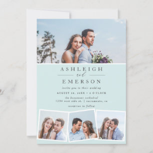 Minimalist Blue Photo Collage Wedding Invitation
