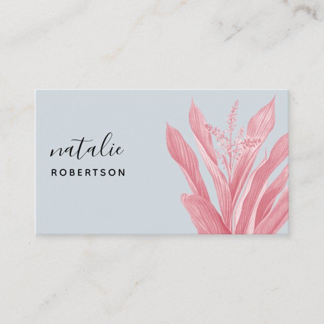 Minimalist blue pink botanical elegant script business card (Front)