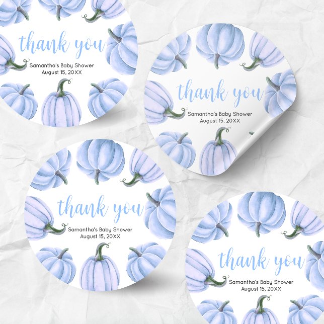 Minimalist Blue Pumpkin Fall Baby Shower Classic Round Sticker (Blue Pumpkin Baby Shower Round Sticker)