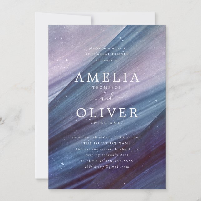 Minimalist Blue & Purple Abstract Rehearsal Dinner Invitation (Front)