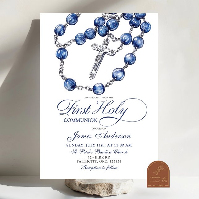 Minimalist Blue Rosary Boy Baptism Invitation (Creator Uploaded)