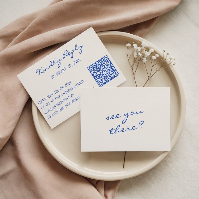 Minimalist Blue Script QR Code Wedding Website RSVP Card (Creator Uploaded)