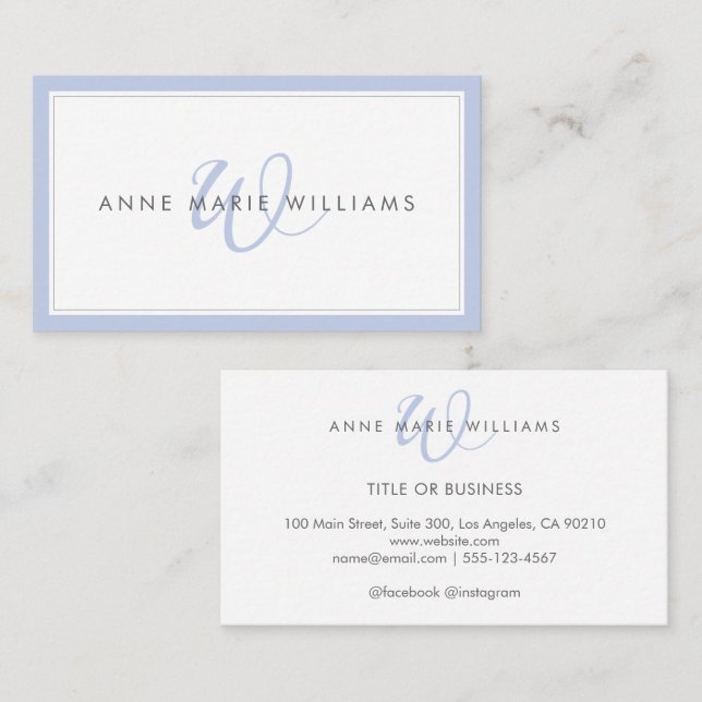 Minimalist Blue Script Two Border Monogram Business Card (Front/Back)