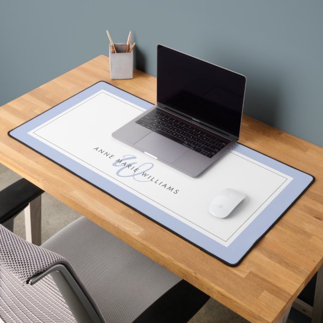 Minimalist Blue Script Two Border Monogram Desk Mat (Office 2)