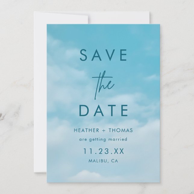 Minimalist Blue Sky Just Love Casual Save the Date (Front)
