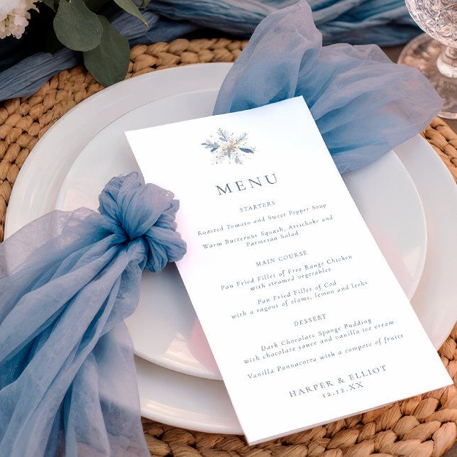 Minimalist Blue Snowflake Winter Wedding Menu (Creator Uploaded)