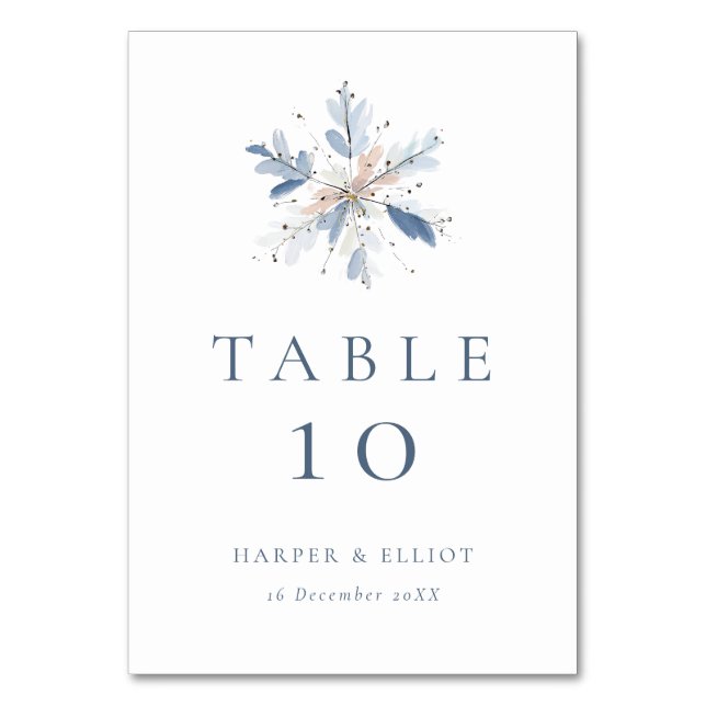 Minimalist Blue Snowflake Winter Wedding  Table Number (Front)