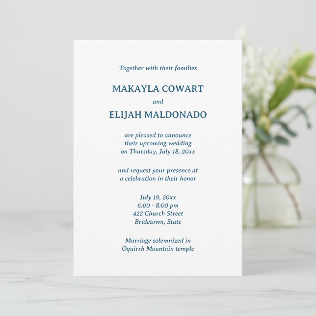 Minimalist Blue Spanish-English Wedding Reception Invitation (Standing Front)