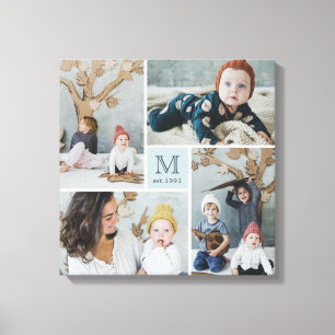 Minimalist Blue Square Boy's Initial 4 Photo Grid Canvas Print