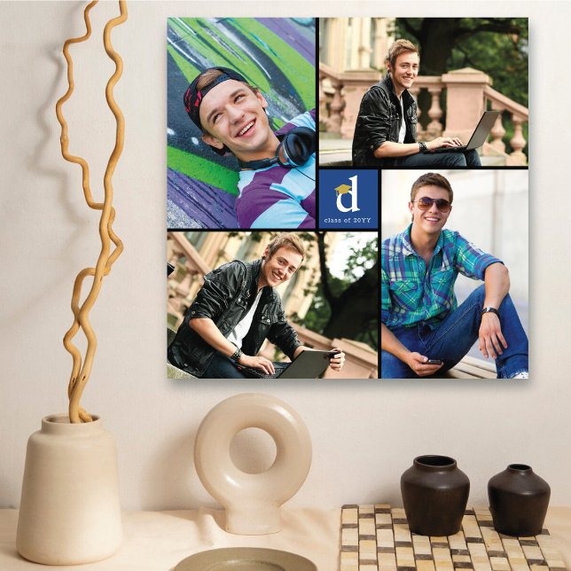 Minimalist Blue Square Monogram 4 Photo Graduation Canvas Print (Modern Square Monogram Graduation 4 Photo Collage Canvas Print Wall Art @ zazzle.com/color_therapy)