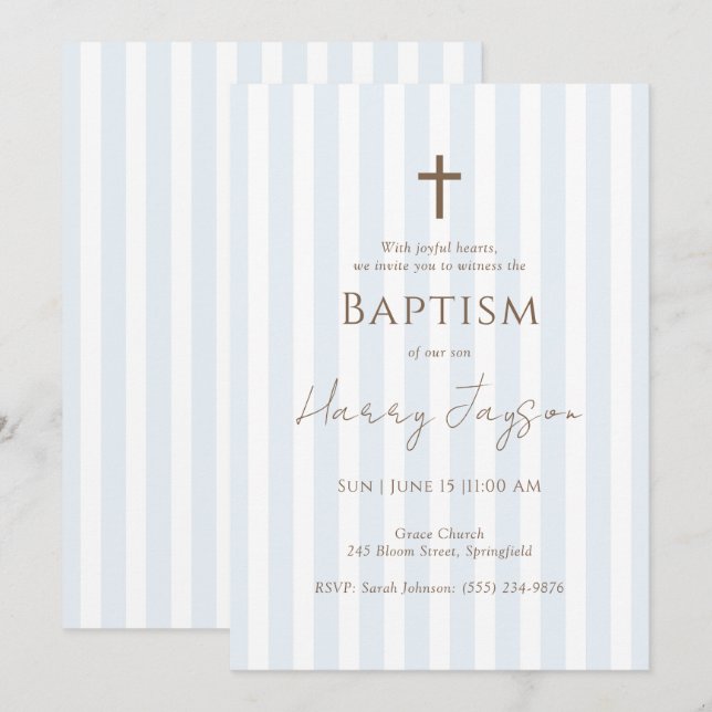 Minimalist Blue Stripe Cross Baptism Invitation (Front/Back)