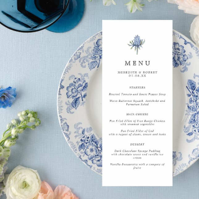 Minimalist Blue Thistle Wedding Menu (Creator Uploaded)