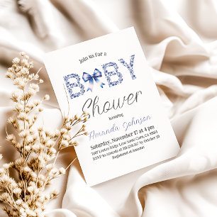 Minimalist Blue Toile de Jouy and Bow Baby Shower Invitation