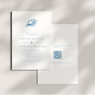 Minimalist Blue Vintage Seashell QR Code Wedding Invitation