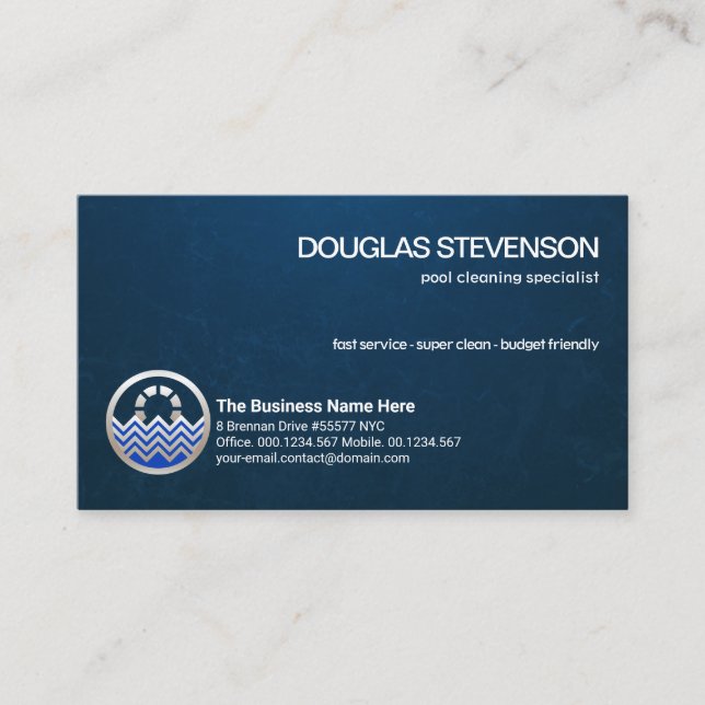 Minimalist Blue Water Grunge Pool Maintenance Business Card (Front)