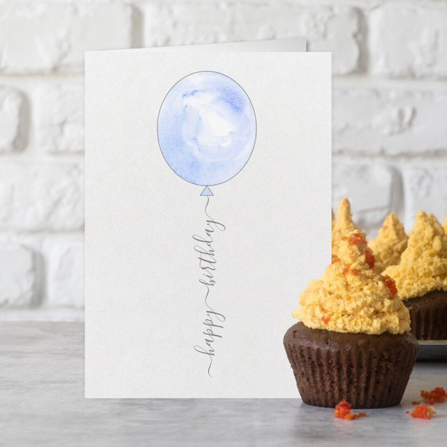 Minimalist Blue Watercolor Balloon Happy Birthday Card (Creator Uploaded)