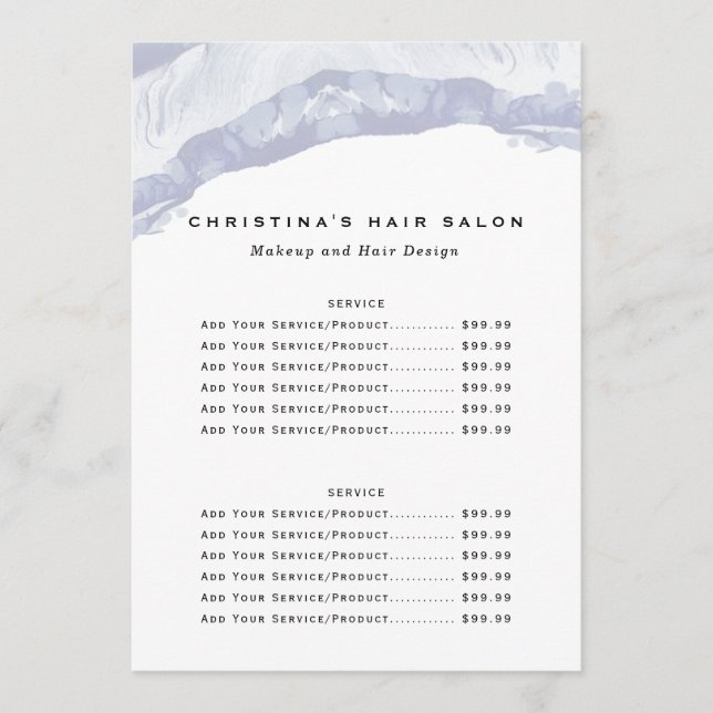 Minimalist Blue Watercolor Business Price List Menu (Front)