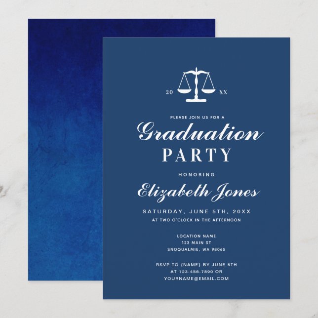 Minimalist Blue & Watercolor Graduation Invitation (Front/Back)