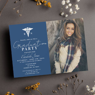 Minimalist Blue & Watercolor Graduation Photo Invitation
