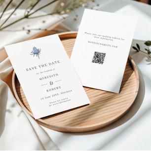 Minimalist Blue Watercolor Thistle Wedding QR Code Save The Date