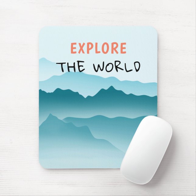 Minimalist Blue Wavy Mountains Explore Quote Mouse Mat (With Mouse)