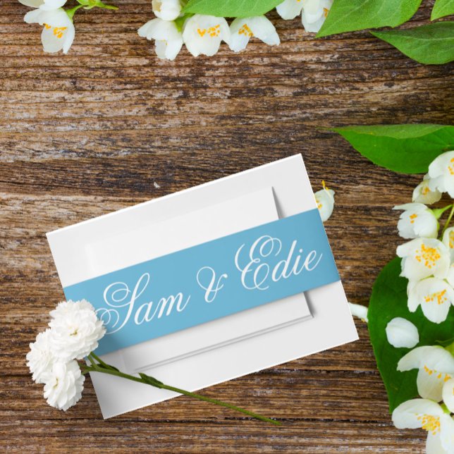 Minimalist Blue Wedding Toile Monogram Name Script Invitation Belly Band (Creator Uploaded)