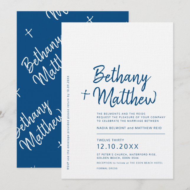 Minimalist blue white calligraphy script wedding invitation (Front/Back)