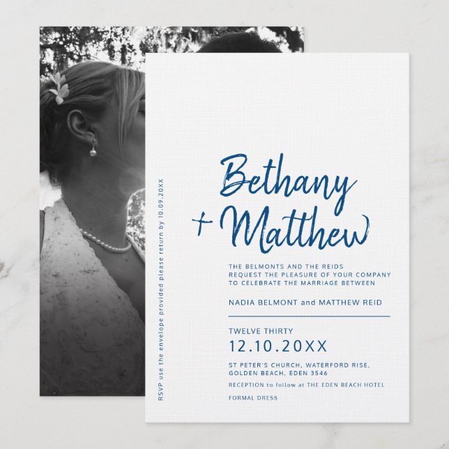 Minimalist blue white calligraphy script wedding invitation (Front/Back)