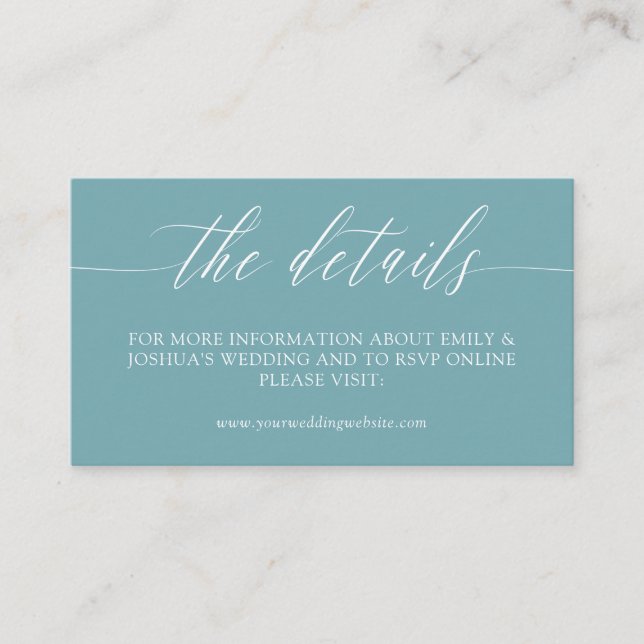 Minimalist Blue White Calligraphy Wedding Details Enclosure Card (Front)