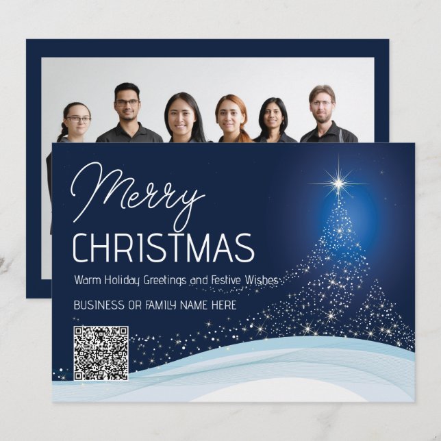 Minimalist blue white Christmas tree business logo Holiday Card (Front/Back)