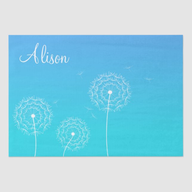 Minimalist Blue White Dandelion Name Cute Floral  Tissue Paper (Front)