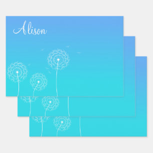Minimalist Blue White Dandelion Name Cute Floral  Wrapping Paper Sheet